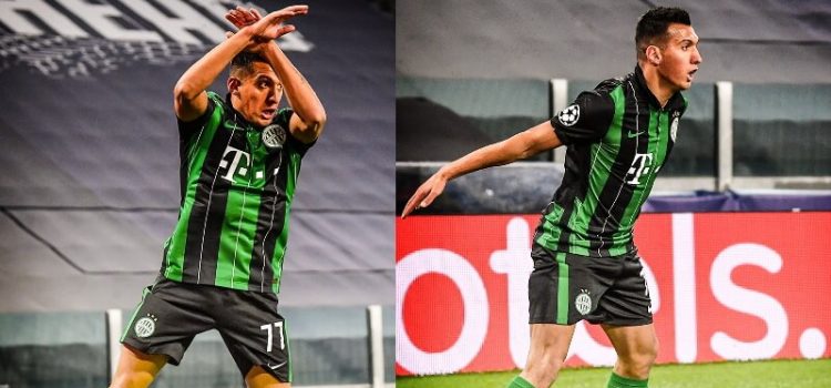Uzuni, jogador do Ferencváros, festeja à Ronaldo o golo apontado à Juventus