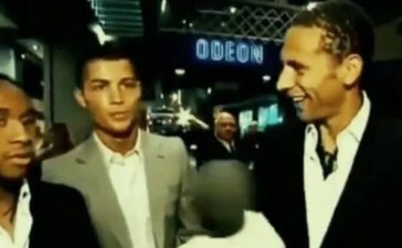 Cristiano Ronaldo acompanhado de Rio Ferdinand e Anderson numa entrevista caricata
