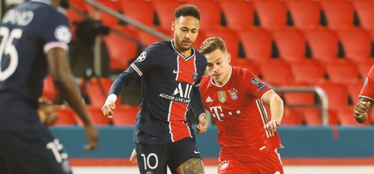 Neymar em disputa de bola com Kimmich no PSG-Bayern na Liga dos Campeões