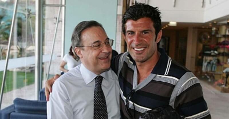 Florentino Pérez abraçado a Luís Figo