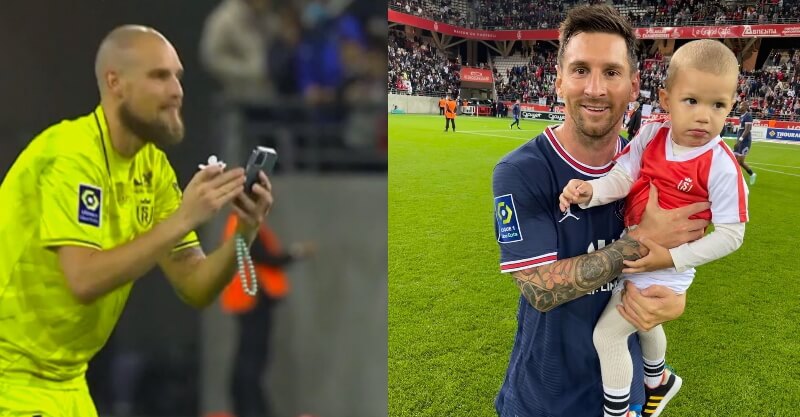 Guarda-redes do Reims pede a Lionel Messi para tirar uma foto com o seu filho