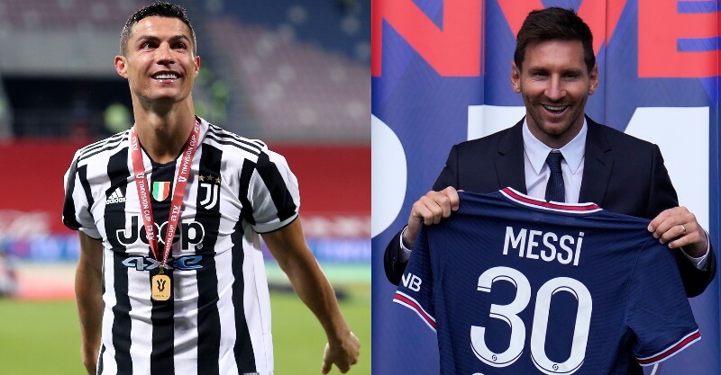 Cristiano Ronaldo na Juventus e Lionel Messi na apresentação como jogador do PSG