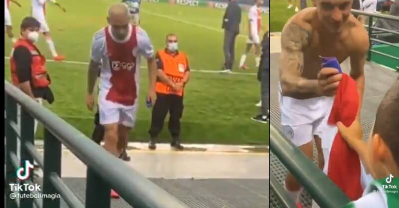Antony, jogador do Ajax, oferece camisola a menino do Sporting