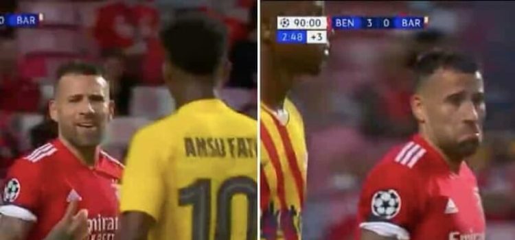 Troca de palavras entre Nicolás Otamendi e Ansu Fati no Benfica-Barcelona