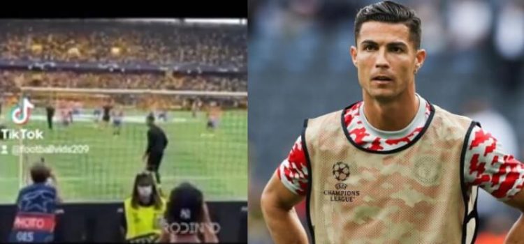 Cristiano Ronaldo acerta com a bola na cabeça de steward