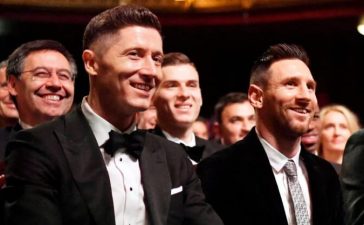 Robert Lewandowski e Lionel Messi na gala da Bola de Ouro