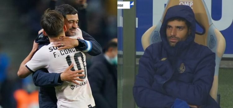 Francisco Conceição abraça o pai enquanto Mehdi Taremi ficou no banco de suplentes no FC Porto-Feirense