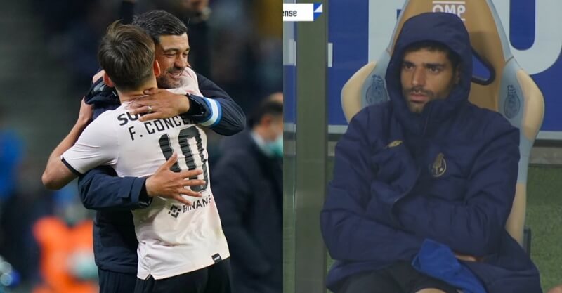 Francisco Conceição abraça o pai enquanto Mehdi Taremi ficou no banco de suplentes no FC Porto-Feirense