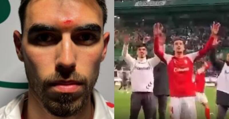Ricardo Horta ao ser atingido com uma garrafa após o SC Braga-Sporting