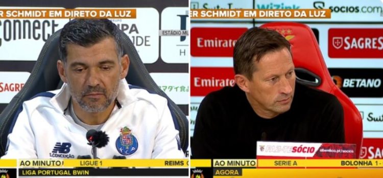 Sérgio Conceição e Roger Schmidt nas respetivas conferências de imprensa