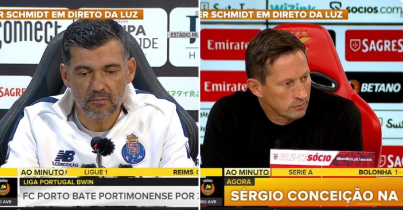 Sérgio Conceição e Roger Schmidt nas respetivas conferências de imprensa