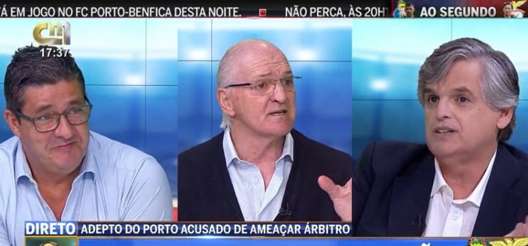 Fernando Mendes, comentador afeto ao Sporting, Jorge Amaral, comentador afeto ao FC Porto e Pedro Guerra, comentador afeto ao Benfica