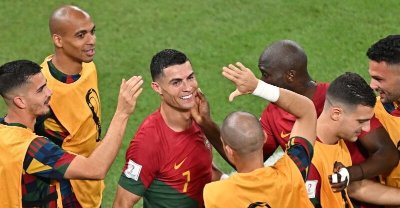 Jogadores de Portugal celebram o golo da Seleção Nacional diante do Gana no Mundial 2022