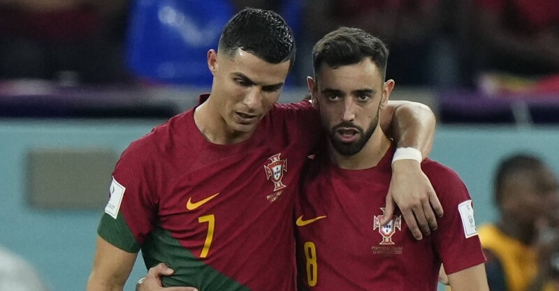 Cristiano Ronaldo e Bruno Fernandes em ação pela Seleção Nacional no Portugal-Uruguai
