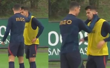 Cristiano Ronaldo e João Cancelo no treino da Seleção Nacional