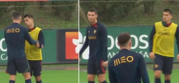 Cristiano Ronaldo e João Cancelo no treino da Seleção Nacional antes do Mundial 2022
