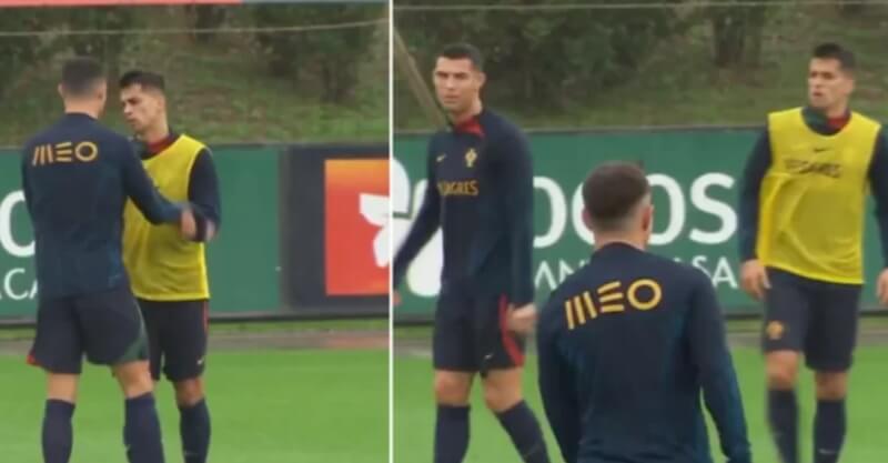 Cristiano Ronaldo e João Cancelo no treino da Seleção Nacional antes do Mundial 2022