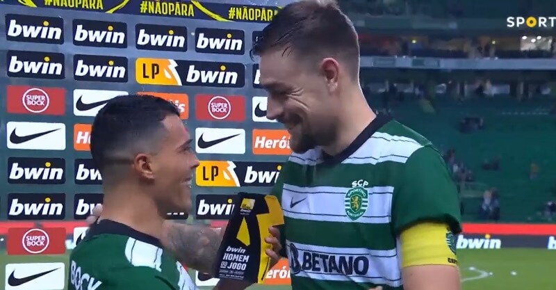 Pedro Porro e Sebastián Coates após o Sporting-P. Ferreira