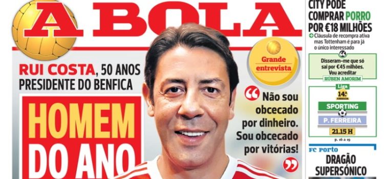 Capa do jornal A Bola com Rui Costa, criticada por Francisco J. Marques