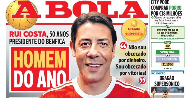 Capa do jornal A Bola com Rui Costa, criticada por Francisco J. Marques