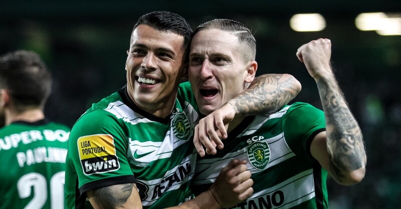 Pedro Porro e nuno Santos a celebrarem golo no Sporting-P. Ferreira