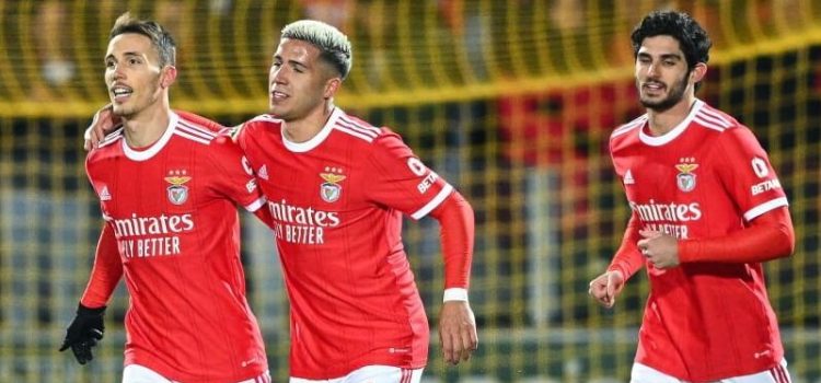 Jogadores do Benfica celebram golo ao P. Ferreira