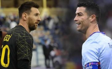 Cristiano Ronaldo e Lionel Messi no jogo entre a equipa de estrelas da liga saudita e o PSG