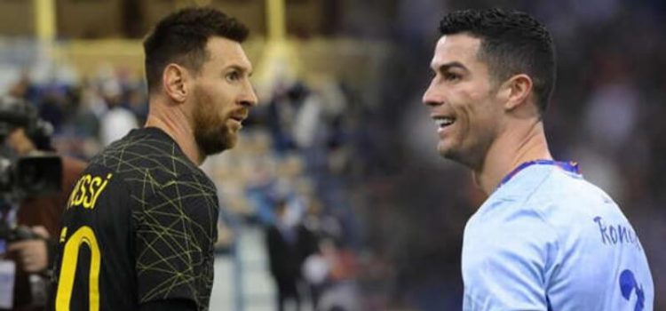 Cristiano Ronaldo e Lionel Messi no jogo entre a equipa de estrelas da liga saudita e o PSG