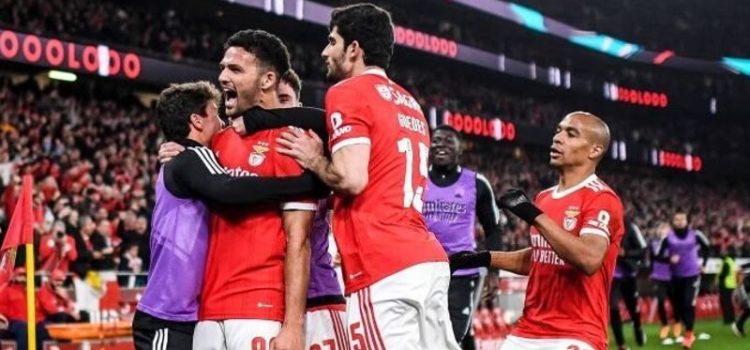Jogadores do Benfica festejam golo de Gonçalo Ramos na vitória sobre o Boavista
