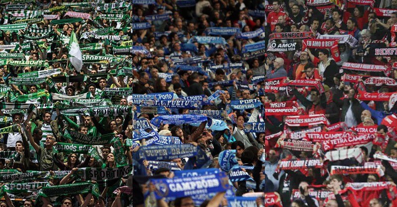 Adeptos de Benfica, FC Porto e Sporting a apoiarem as respetivas equipas