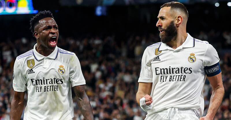 Karim Benzema e Vinicius na vitória do Real Madrid sobre o Chelsea