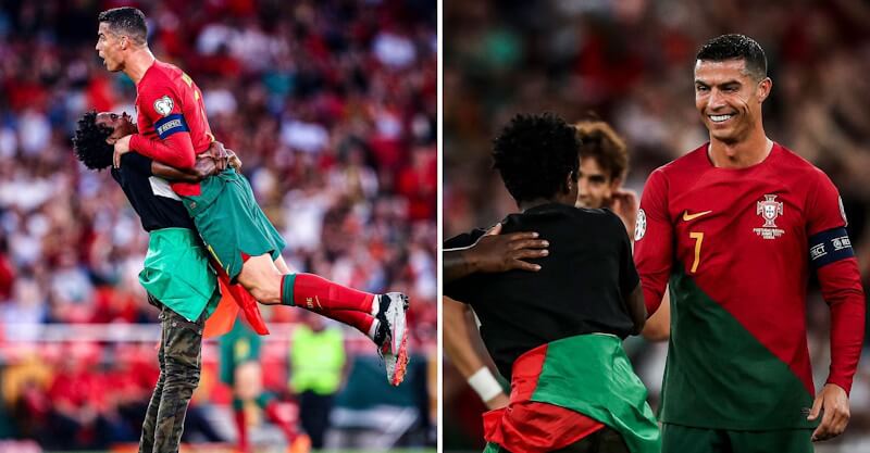 Cristiano Ronaldo com o jovem que entrou em campo durante o Portugal-Bósnia.