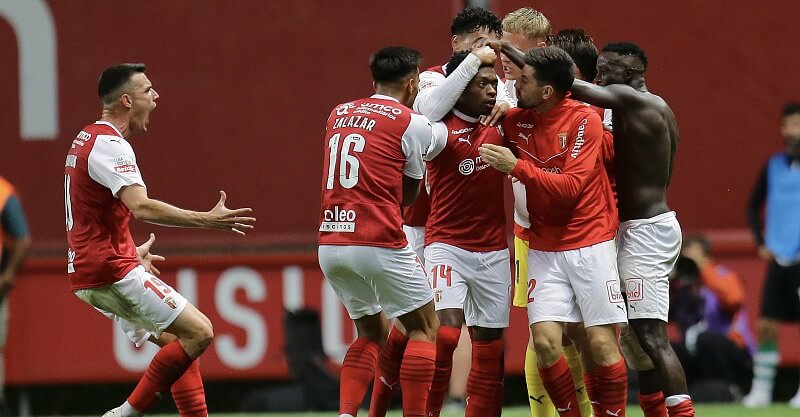 Jogadores do SC Braga festejam golo de Álvaro Djaló diante do Sporting.