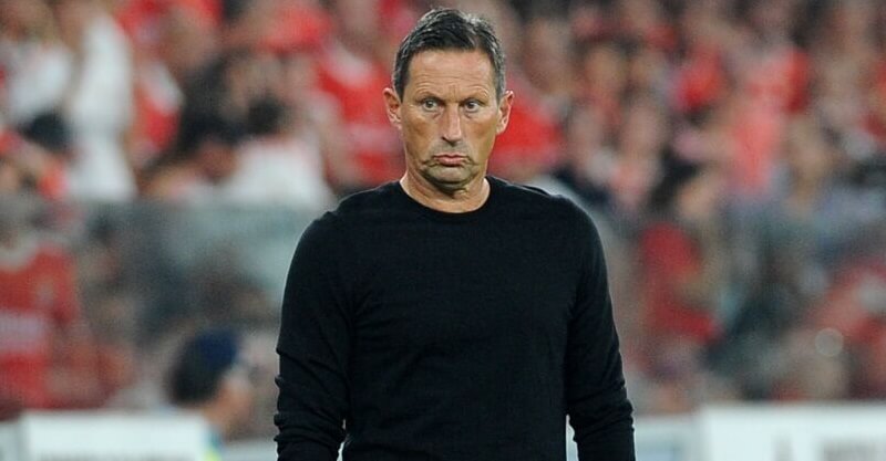 Roger Schmidt, treinador do Benfica, a observar as incidências de uma partida a partir do banco.