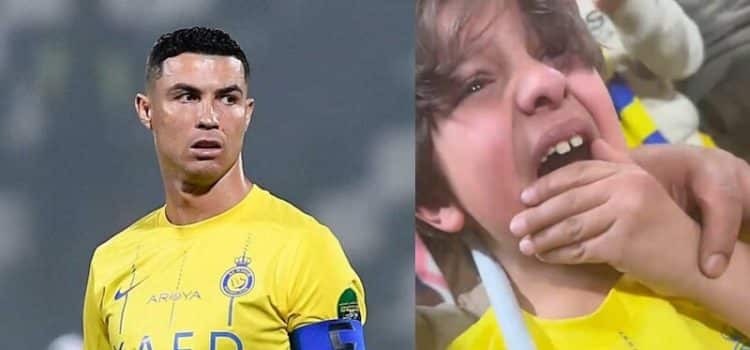 Cristiano Ronaldo e menino que ficou a chorar durante o Al Nassr-Al Ettifaq.