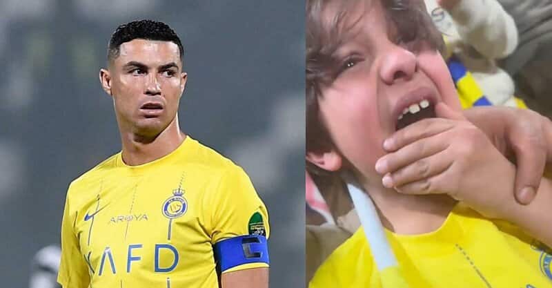 Cristiano Ronaldo e menino que ficou a chorar durante o Al Nassr-Al Ettifaq.