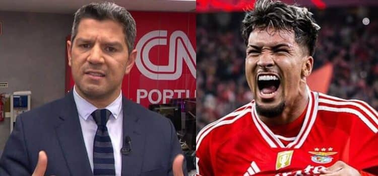 Luís Vilar. comentador da CNN Portugal, e Marcos Leonardo, avançado do Benfica.