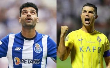 Mehdi Taremi, avançado do FC Porto, e Cristiano Ronaldo, avançado do Al Nassr.