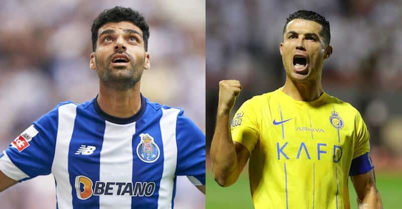 Mehdi Taremi, avançado do FC Porto, e Cristiano Ronaldo, avançado do Al Nassr.