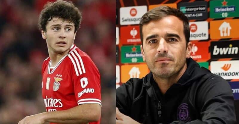 Carles Martínez, treinador do Toulouse, e João Neves, médio do Benfica.