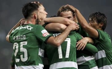 Jogadores do Sporting festejam um dos golos da goleada ao SC Braga.