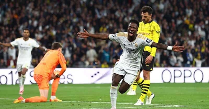 Vinícius Jr. celebra golo na final da Liga dos Campeões entre Real Madrid e Borussia Dortmund.