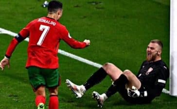 Cristiano Ronaldo provoca guarda-redes da Chéquia após golo de Francisco Conceição no Euro 2024.