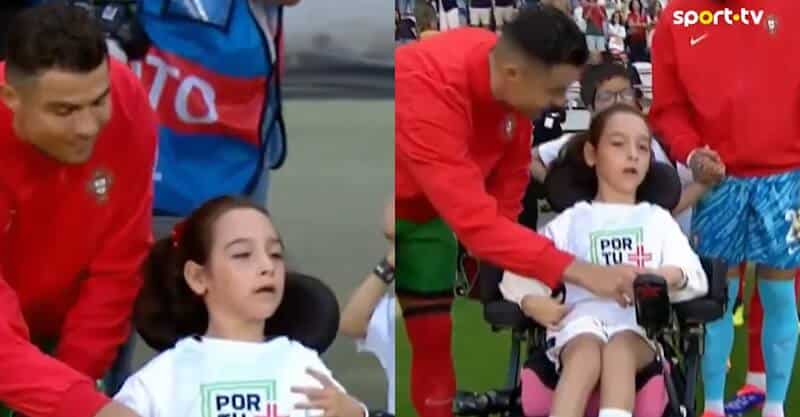 Cristiano Ronaldo sobe ao relvado do Portugal-Irlanda com menina com necessidades especiais.
