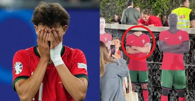 João Félix e o boneco vandalizado após o Portugal-França no Euro 2024.