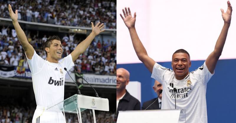 Cristiano Ronaldo e Kylian Mbappé em momentos distintos de apresentação como reforços do Real Madrid.