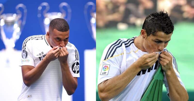 Kylian Mbappé e Cristiano Ronaldo beijam o símbolo do Real Madrid nas respetivas apresentações com 15 anos de diferença.