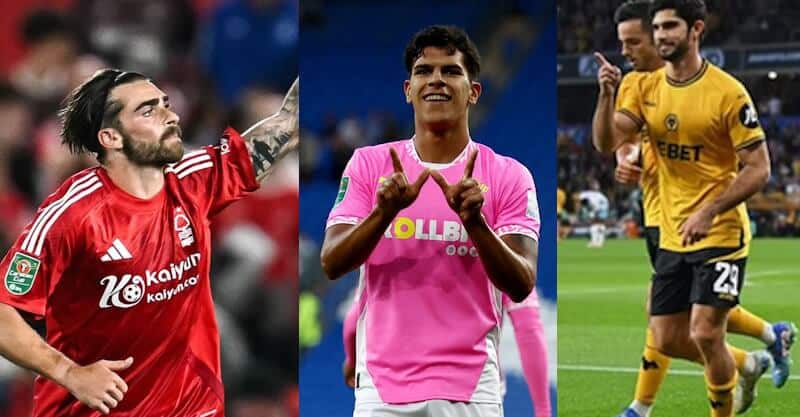 Jota Silva, avançado do Nottingham Forest, Gonçalo Guedes, avançado do Wolverhampton, e Mateus Fernandes, médio do Southampton.