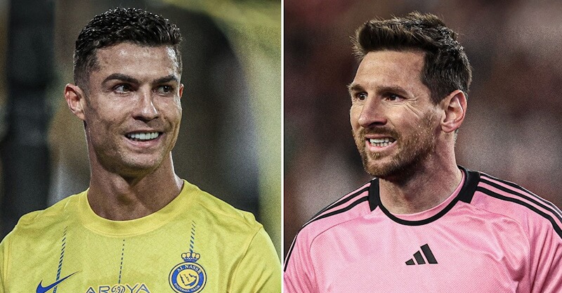 Cristiano Ronaldo ao serviço do Al Nassr e Lionel Messi ao serviço do Inter Miami.