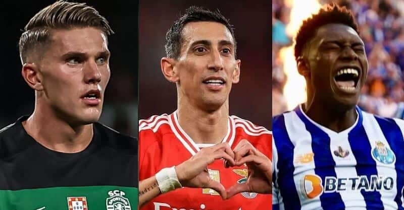 Viktor Gyökeres, Ángel Di Maria e Samu Omorodion, jogadores de Sporting, Benfica e FC Porto respetivamente.